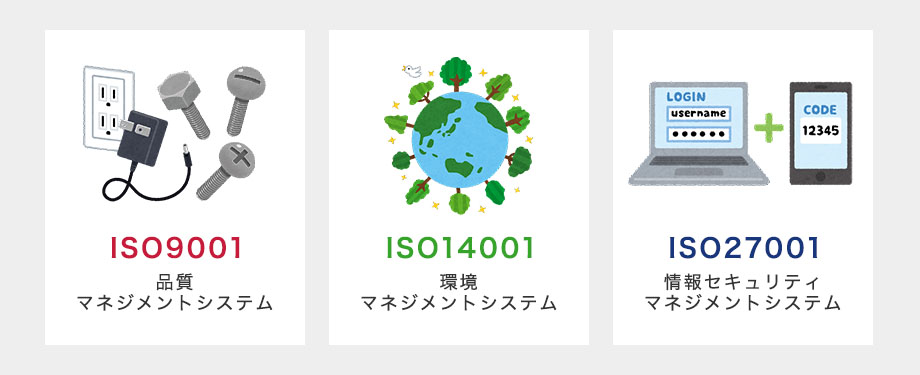 ISOマネジメントシステム規格の例｜ISO9001（品質マネジメントシステム）・ISO14001（環境マネジメントシステム）・ISO27001（ISMS）（情報セキュリティマネジメントシステム）