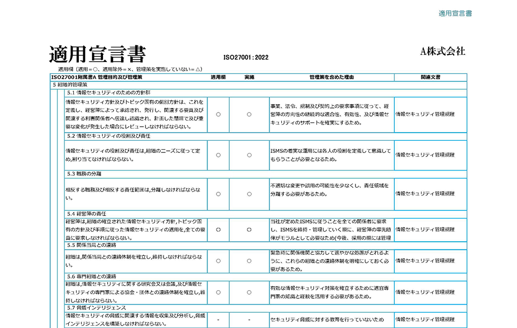 ISMSの適用宣言書作成のサンプル例